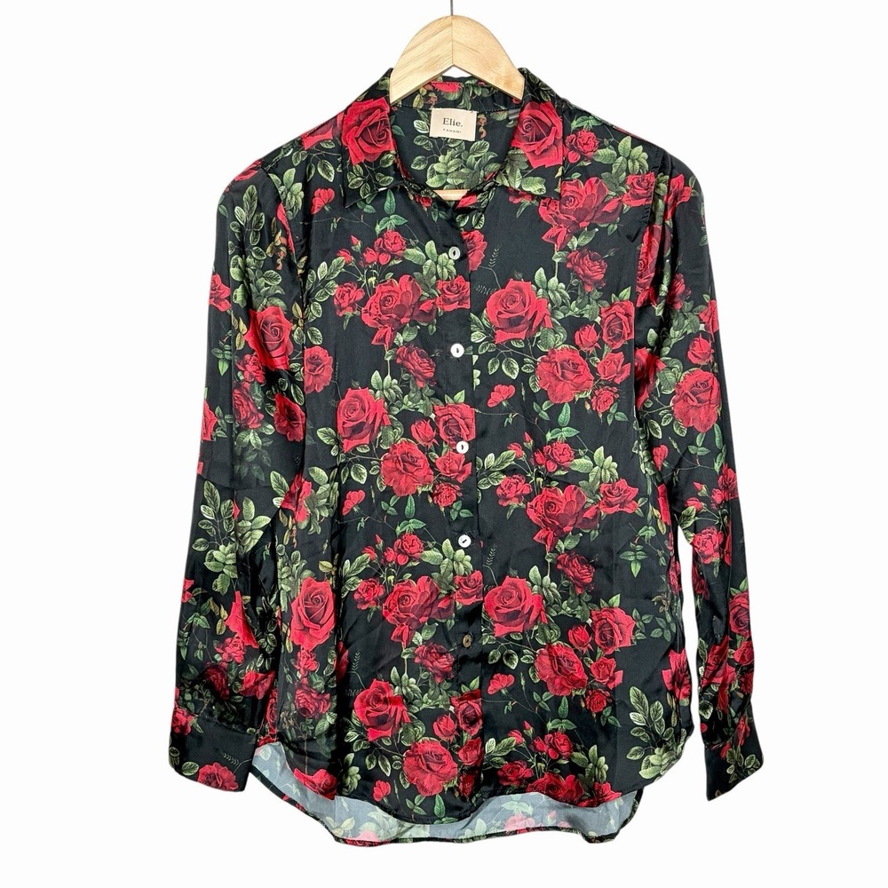 Elie Tahari Red Rose Floral Satin Top Womens Small Dark Romantic Whimsigoth